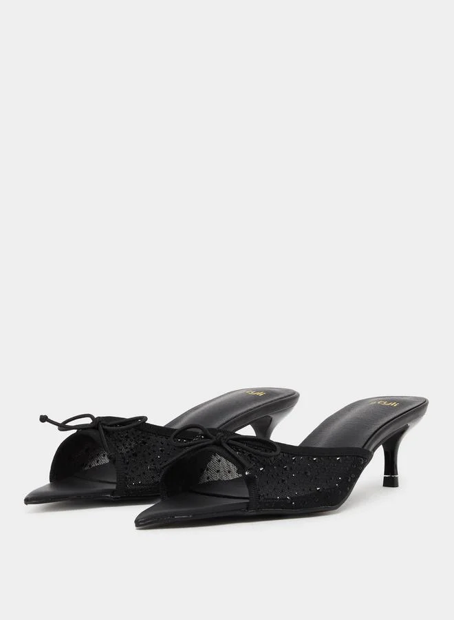 ستايلي حذاء ميولز نسائي أسود بشبكة وفيونكة وكعب قصير